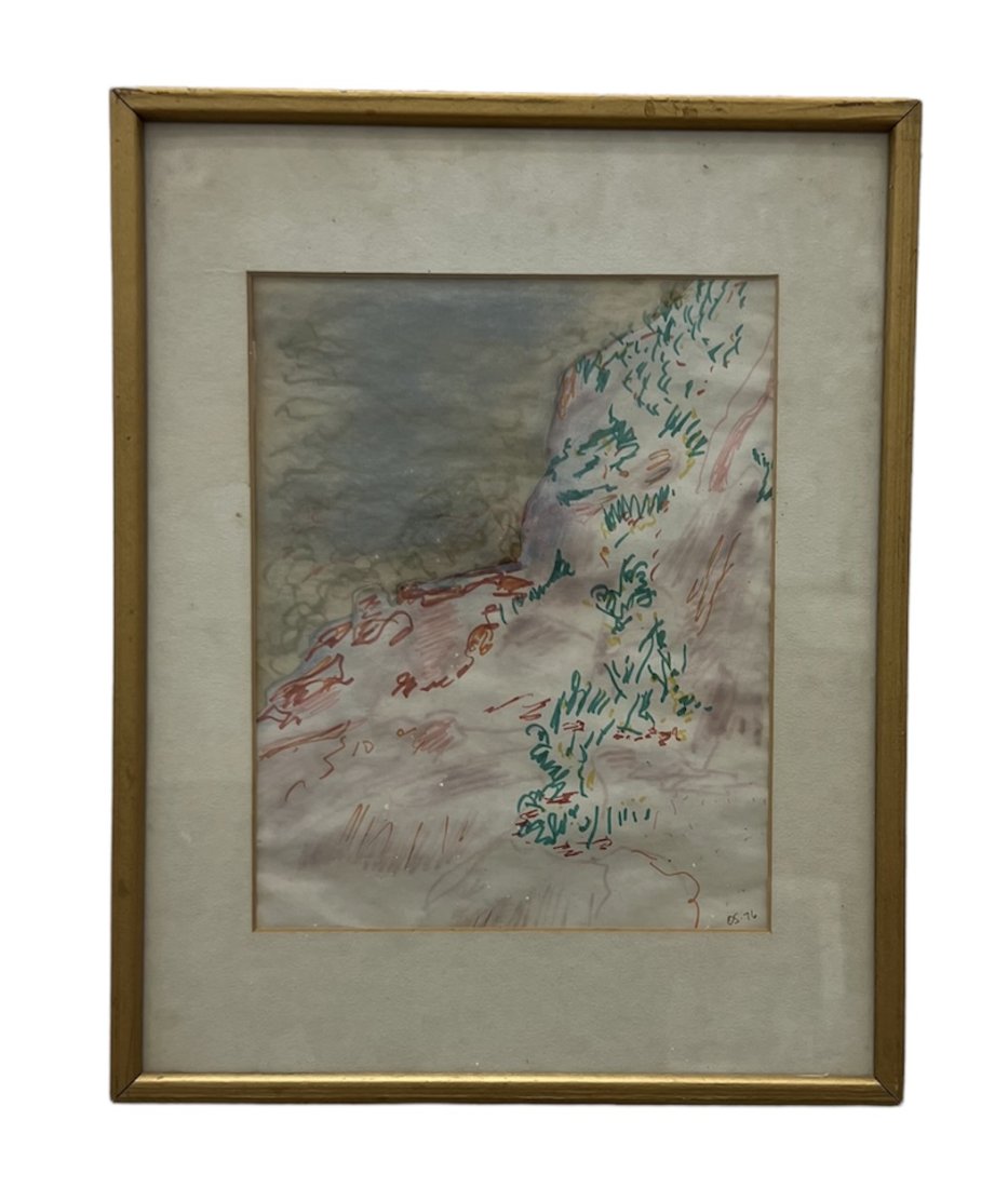 Mohegan Island, Maine Modernist 1970's Landscape, Signed: Mystery artist. Marker on paper 9 1/2 x 7 1/2 in, 14 1/2 x 11 1/2 in