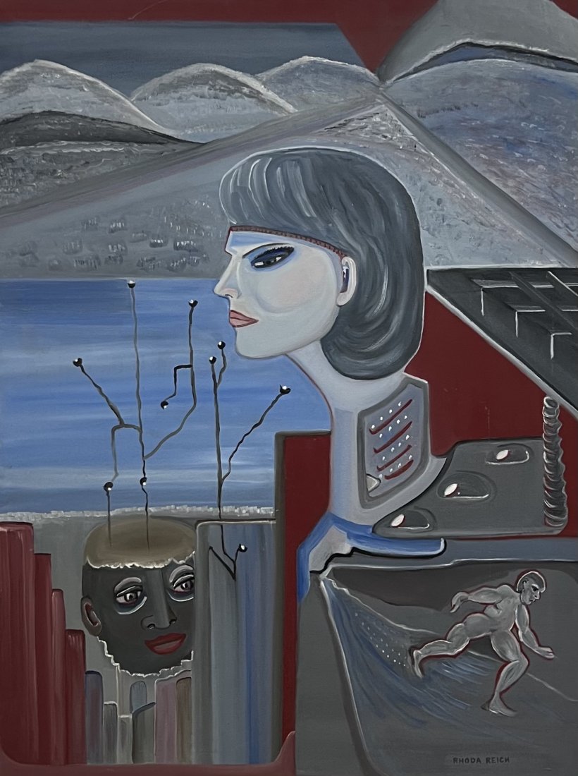 RHODA REICH (20th c, American) Surrealist Abstract: Oil on canvas 40 x 30 in, 41 x 31 in (framed)