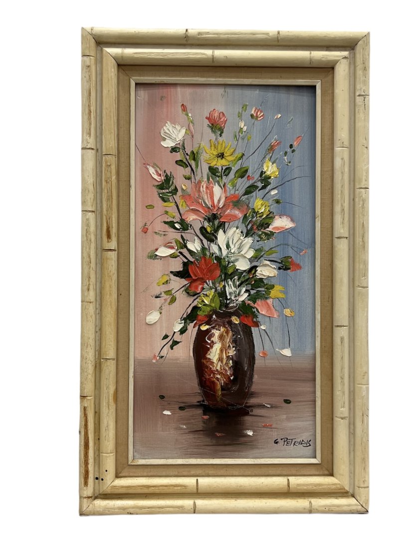 GEORGE PETRIDIS (20th c, Greek American) Still Life: Oil on canvas 24 x 12 in, 30 x 18 in (framed)