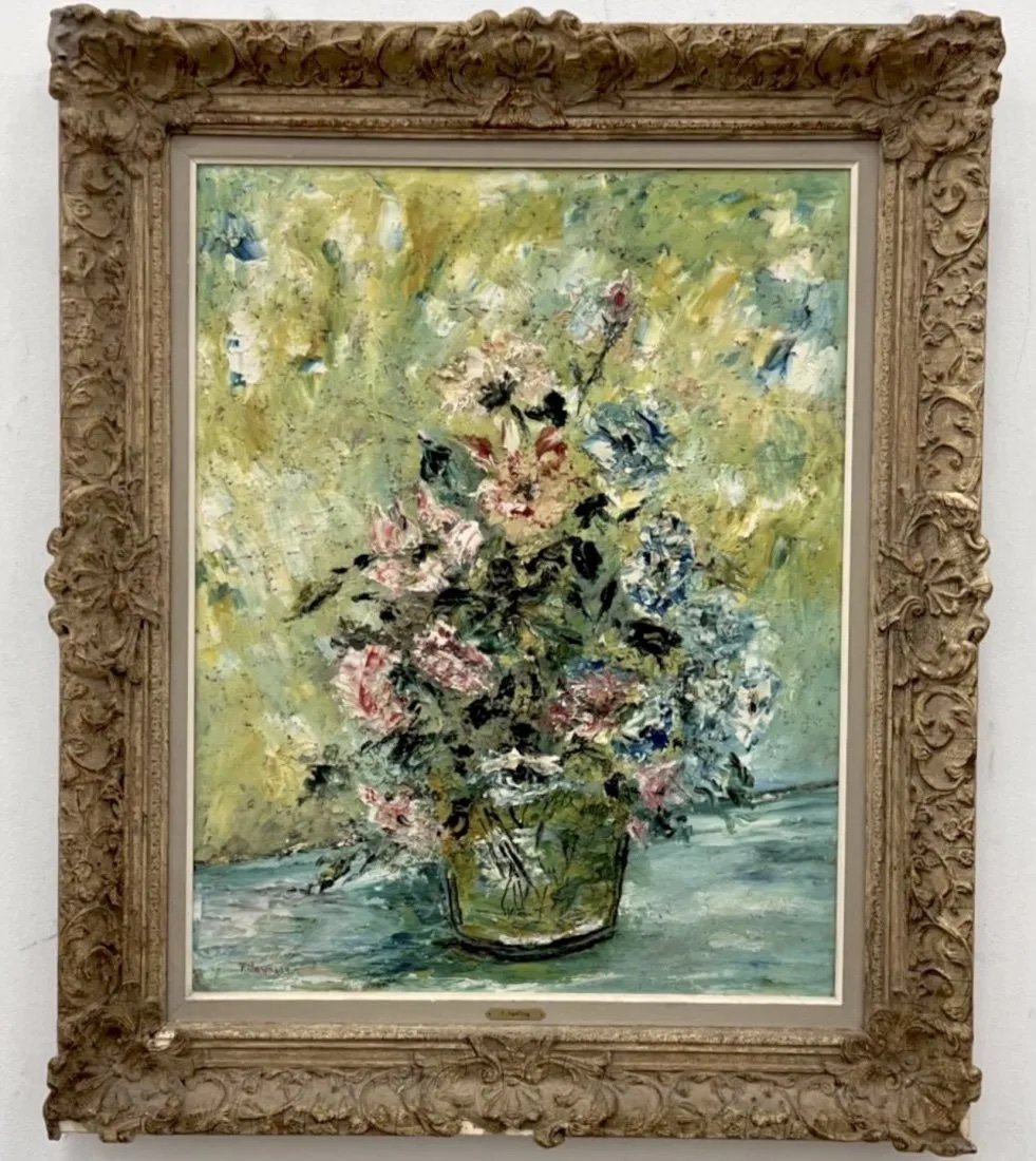 Mid-Century Floral Still Life Of Flowers, Signed: Oil on canvas 28 1/2 x 22 1/2 in, 36 1/2 x 30 1/2 in