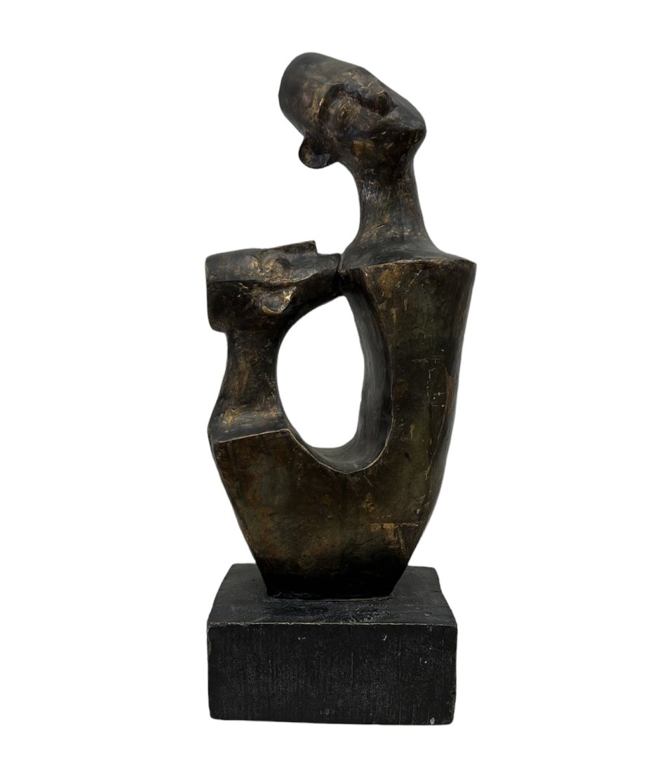 Mid-Century Carved Wood Figural Sculpture: 22 1/2 x 8 x 6 in