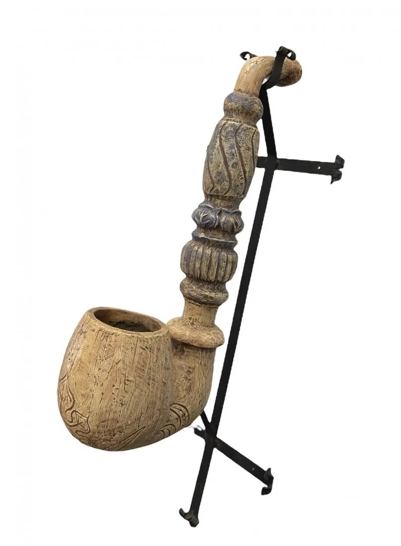 Large Size Orientalist Carved Wooden Pipe, Folk Art: 30 x 13 x 8 in. Comes with wall mount