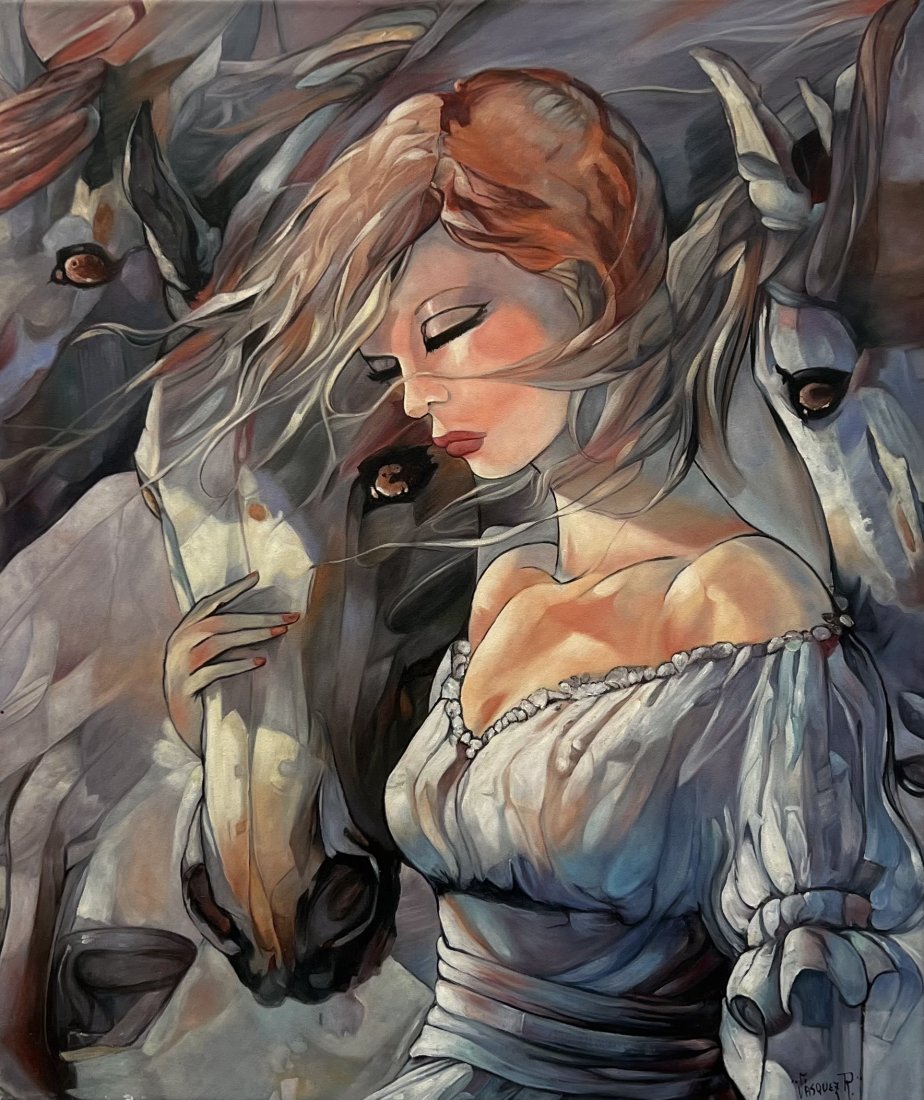 Latin American Portrait Of A Girl With Horses, Signed: Signed Vasquez. Oil on canvas 32 x 27 in