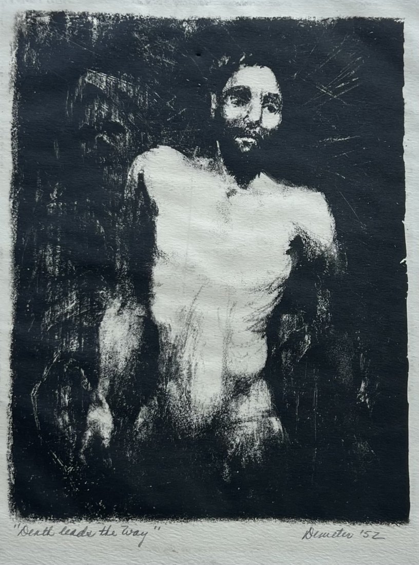 "Death Leads The Way" Male Nude Lithograph, Demeter 1952: 14 x 9 1/2 in paper