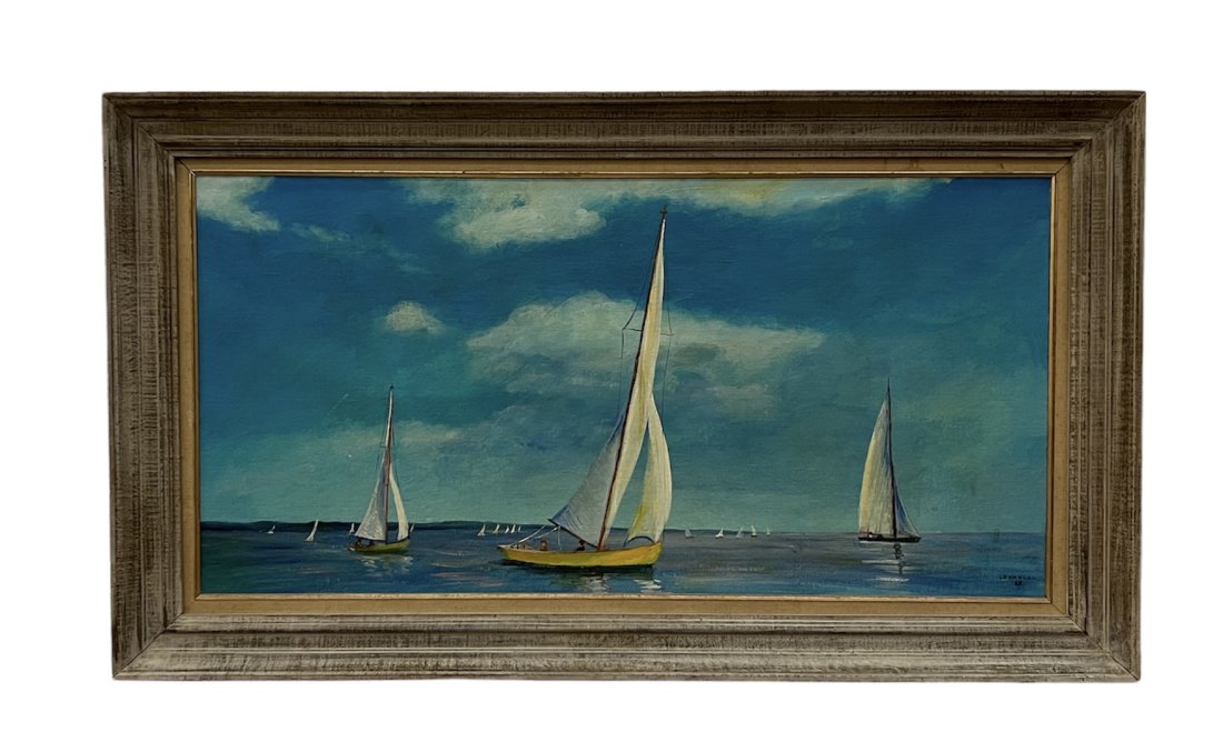 Vintage Florida Seascape Painting Of Sailtboats, Signed: Oil on canvas 36 x 18 in, 42 x 24 in (framed)
