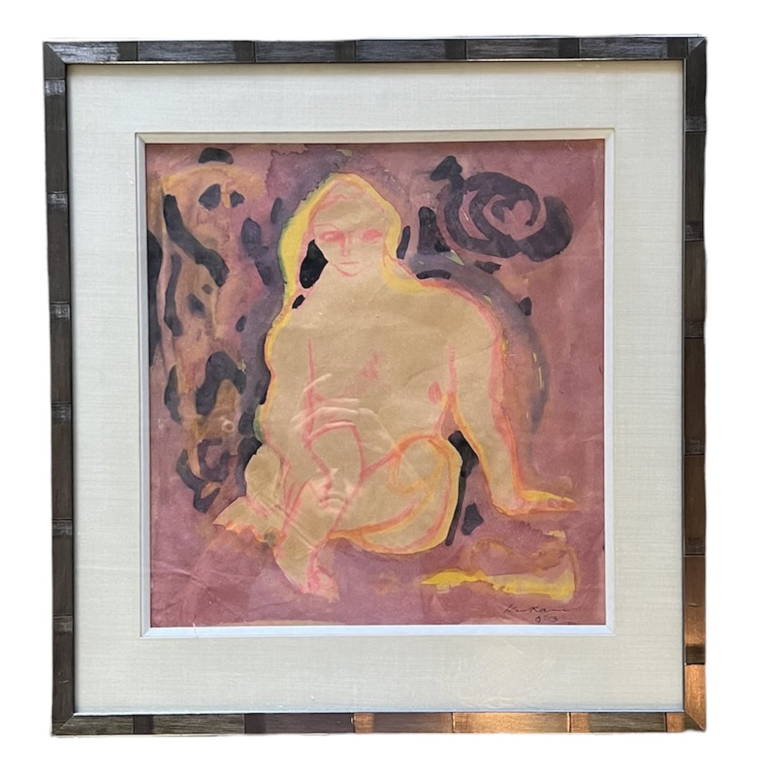 Mid-Century Modern Nude Painting, Signed 1953: Watercolor on paper 14 1/2 x 14 in, 21 1/2 x 20 in (framed)