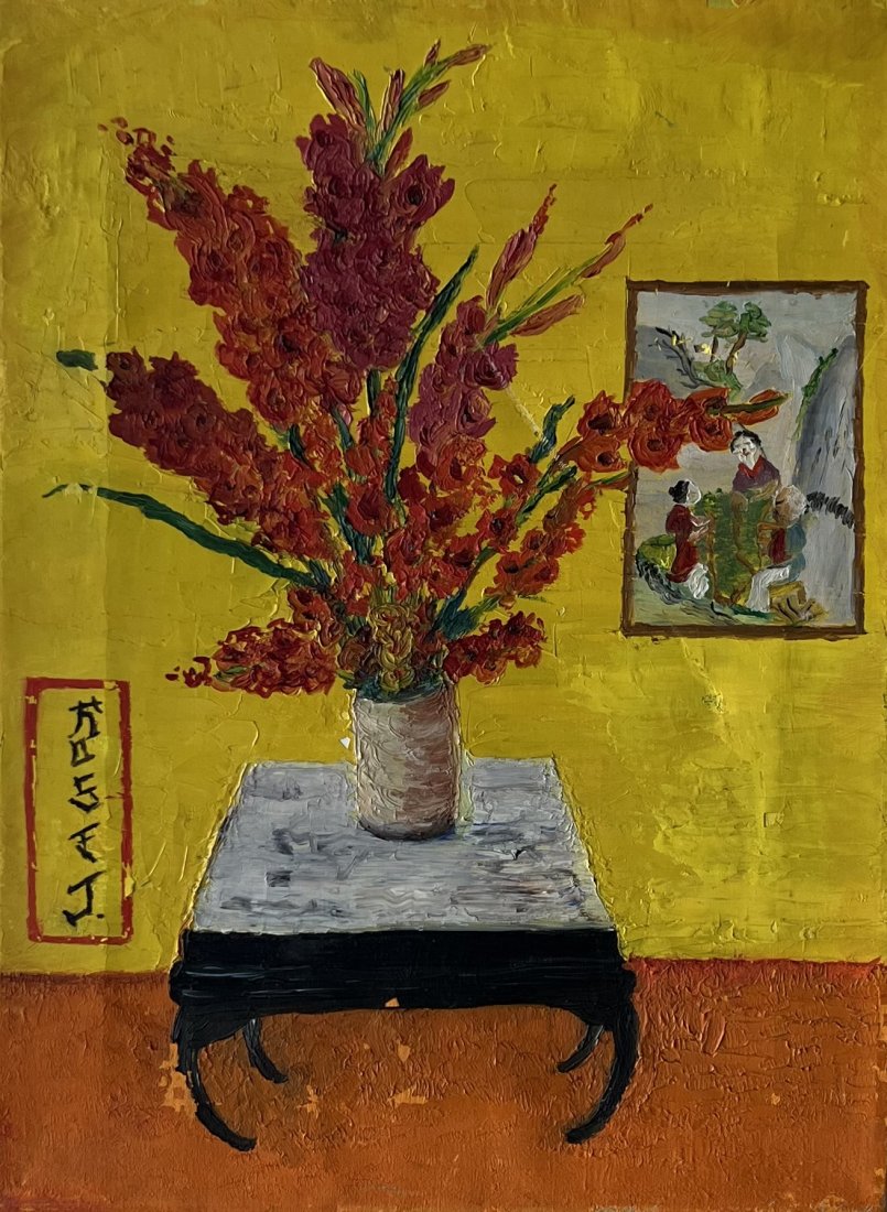 Chiinese Modernist Still Life Of Flowers: Oil on canvas 12 x 18 in