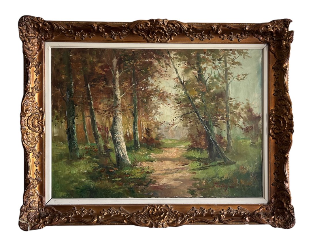 French Impressionist Forest Landsape, Illegible Signature: Oil on canvas 27 1/2 x 19 1/2 in, 34 x 26 in. This item will be shipped from our Margate City, NJ gallery.