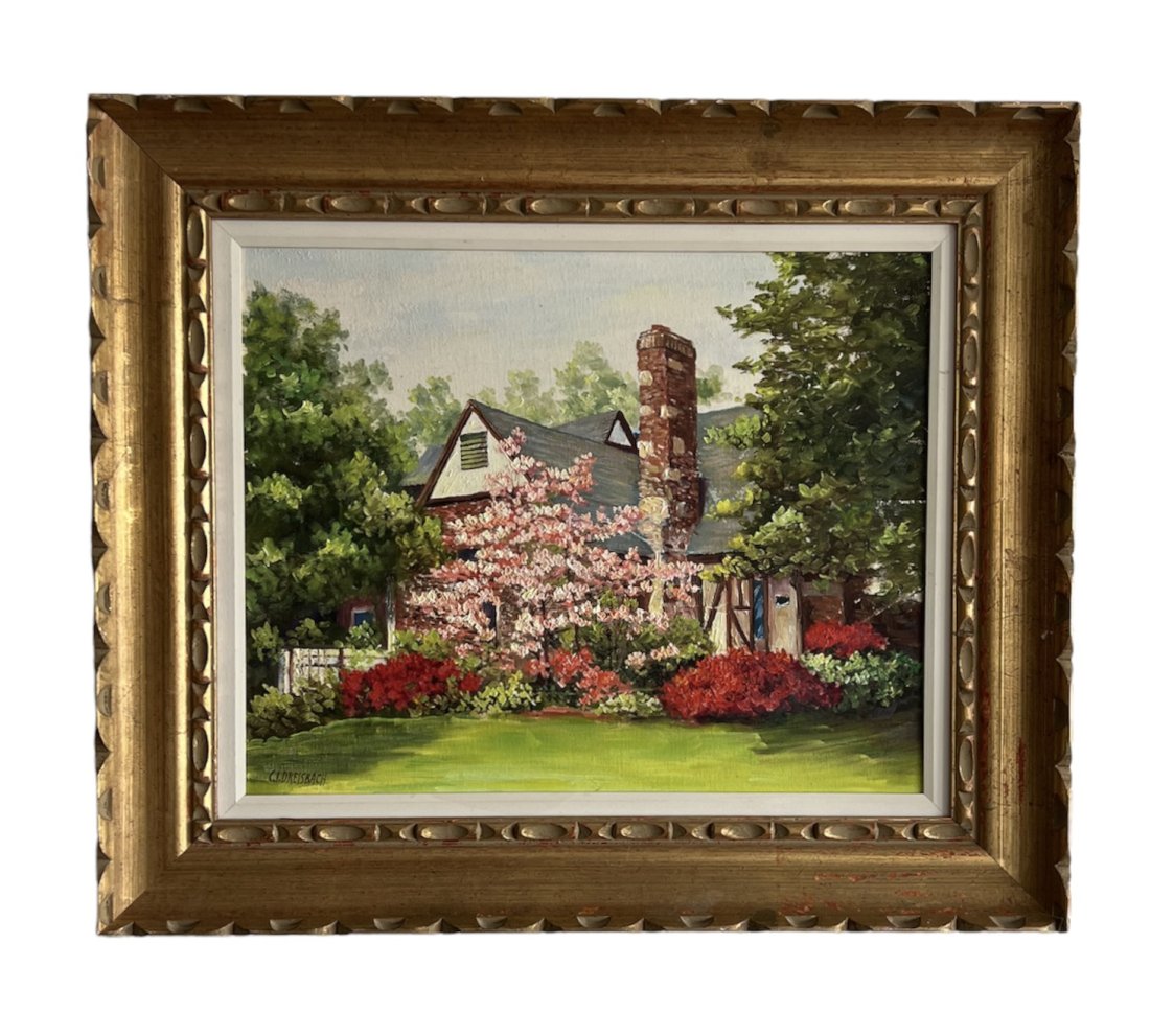 CLARENCE IRA DREISBACH (1903-2003 Pennsylvania) Cotswalds House: Landscape. Oil on board 16 x 20 in, 23 x 27 in. This item will be shipped from our Margate City, NJ gallery.