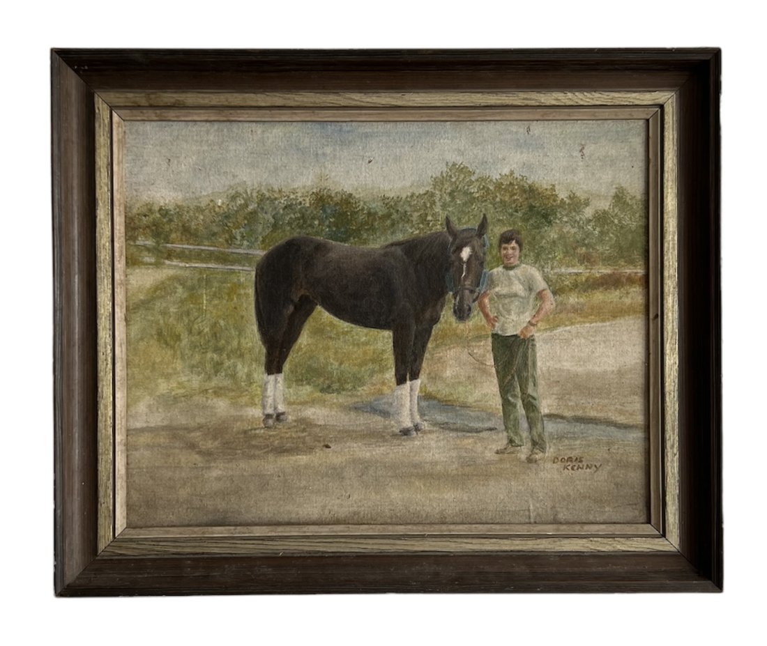1940's American Portrait Of Girl & Her Horse: Oil board 14 x 18 in., 18 x 22 in. (framed). This item will be shipped from our Margate City, NJ gallery.