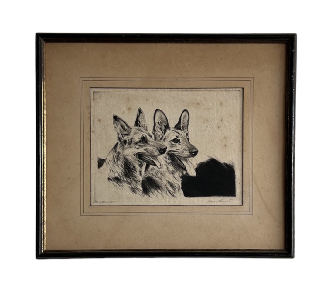 Pair Of German Shepards Dog Etching, Signed (1 of 4)