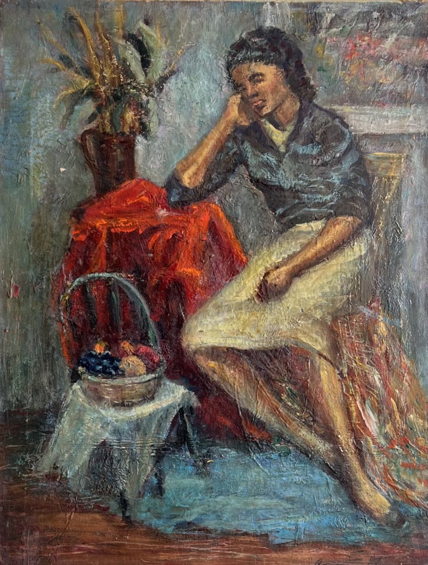 CONNIE STEVENSON (20th c, American) Seated Woman.: Oil on canvas 24 x 18 in. This item will be shipped from our Margate City, NJ gallery.