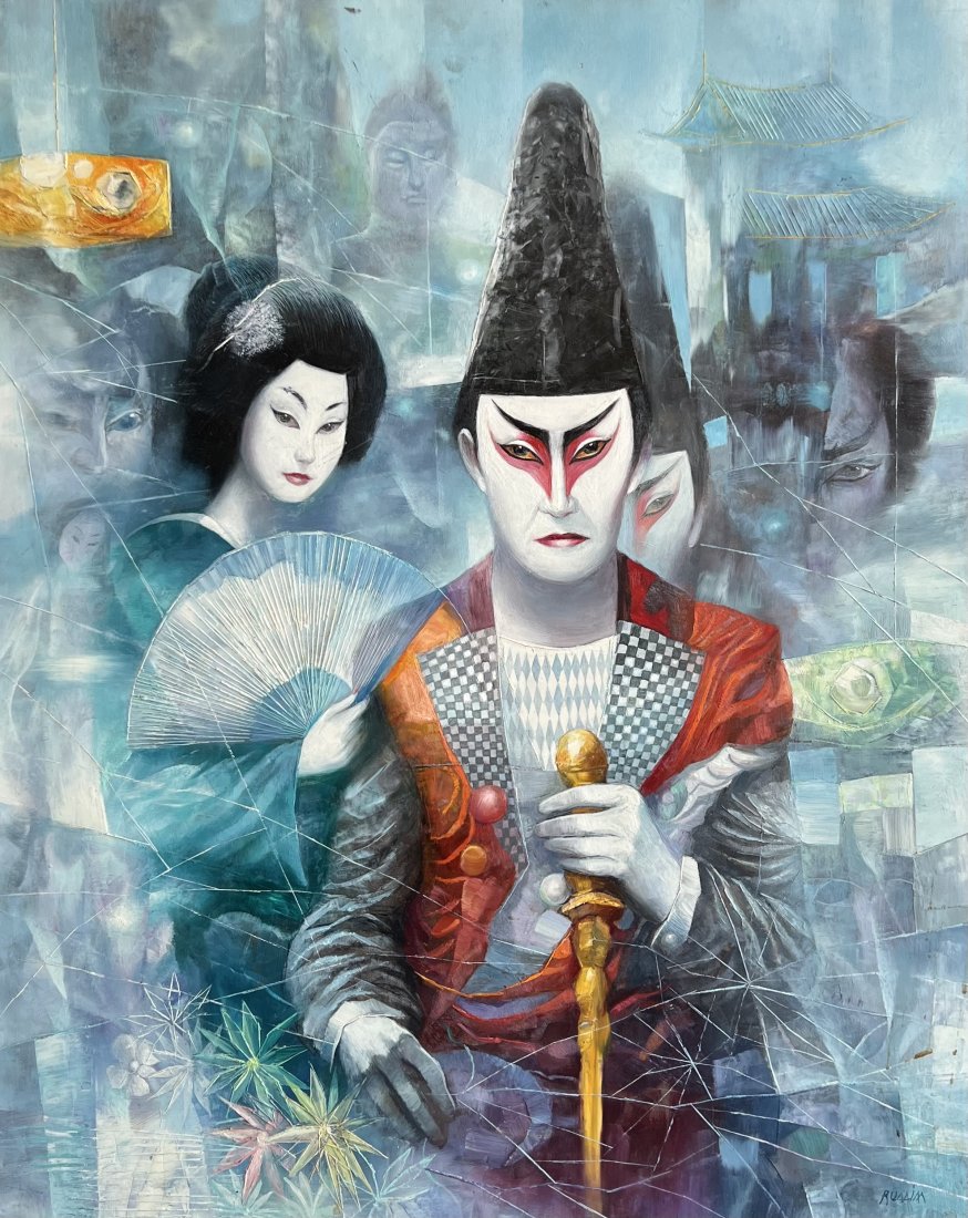 1980's Japanese Modernist "Kabuki Fantasy" Painting, Signed: Oil on board 30 x 24 in. This item will be shipped from our Margate City, NJ gallery.