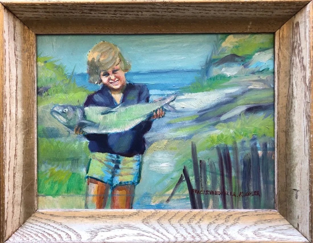 FRANCIS VANDEVEER KUGHLER (1901-1970, NY) First Fish: Fishing. Oil on board 12 x 9 in, 14 1/2 x 11 1/22 in. This item will be shipped from our Margate City, NJ gallery.