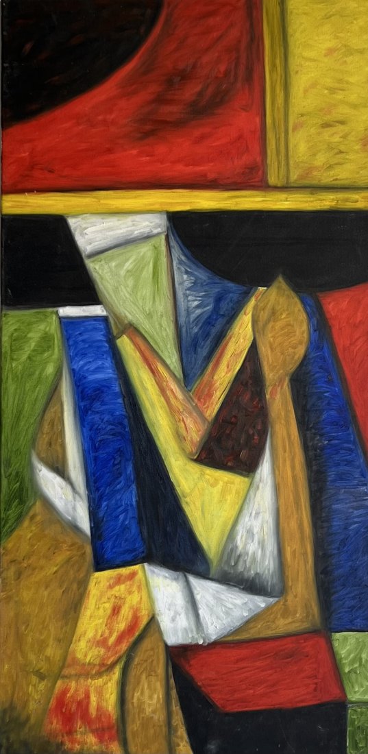 Latin American Cubist Abstract Painting, Mystery Artist: Oil on canvas 48 x 24 in