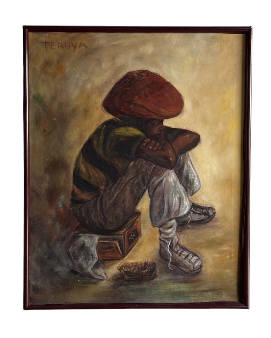 Islamic Modernist Portrait Of A Boy w/ Turban, Mystery Artist: Oil on canvas 31 x 25 in (framed)