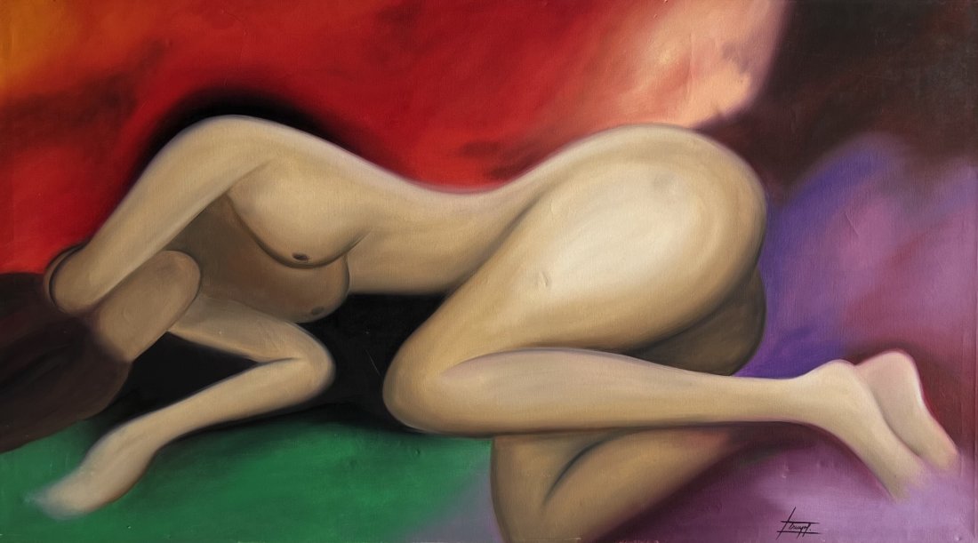 French Modernist Lying Nude, Illegible Signature: Oil on canvas 50 1/2 x 28 1/2 in