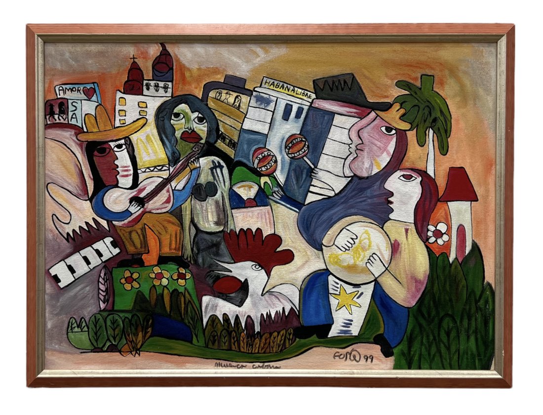 Cubist Cuban Painting, Signed By Mystery Artist: Dated 1999. Style of Picasso. Oil on canvas 27 3/4 x 20 3/4 in (framed)