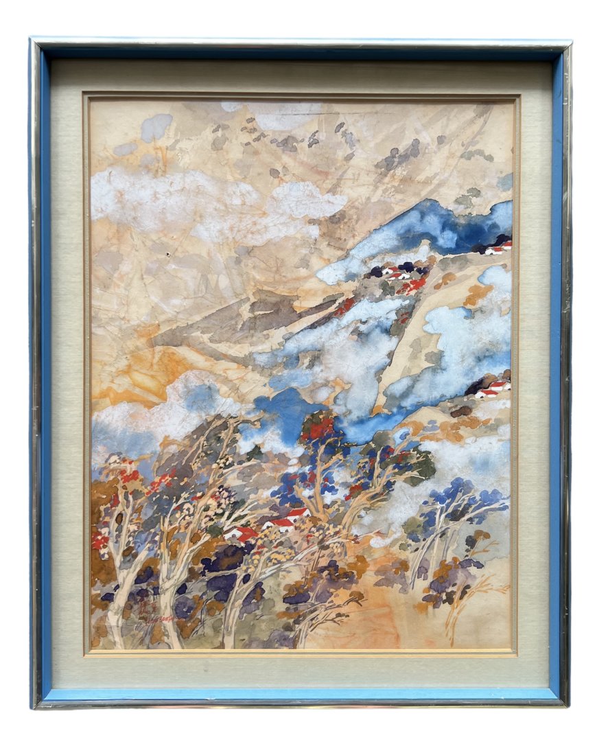 Chinese Modernist Landscape, Illegible Signaure: Watercolor 20 1/2 x 17 1/2 in (framed)