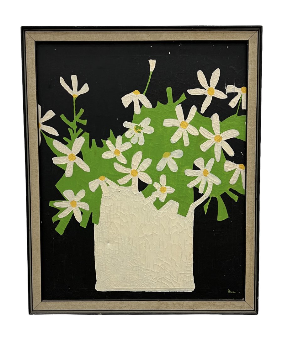 Mid-Century Modernist Still Life Of Flowers, Mystery Artist: Oil on canvas 30 x 24 in, 33 x 27 in (framed)