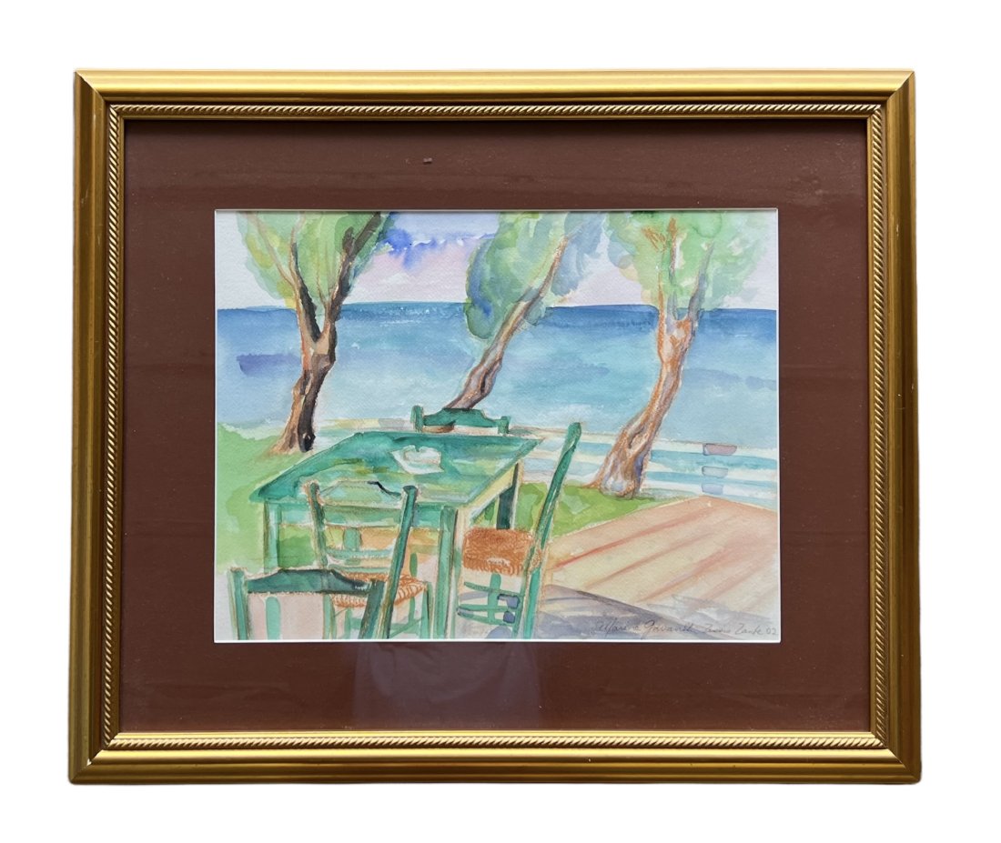 Modernist Watercolor Seaview Zakynthos Greece, Mystery Artist: 15 1/2 x 12 in, 24 x 20 in (framed)