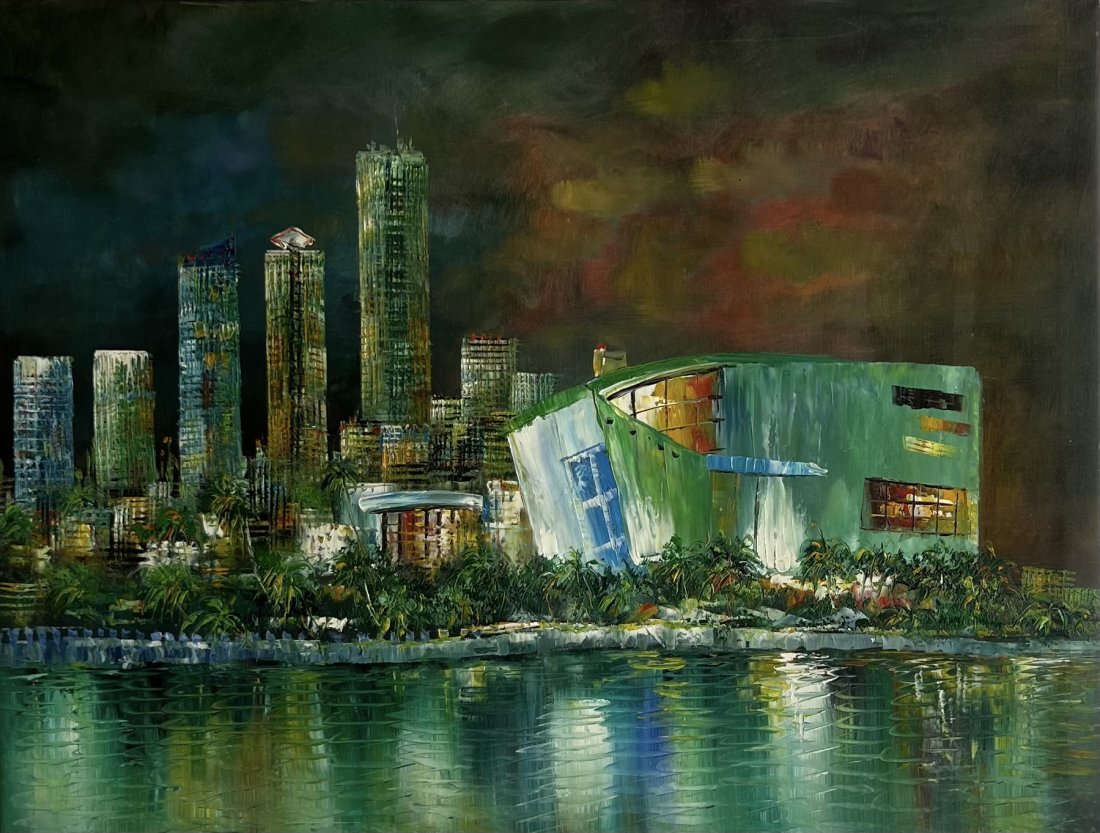 Modernist Tropical Cityscape Palette Painting, Mystery Artist: Oil on canvas 40 x 30 in