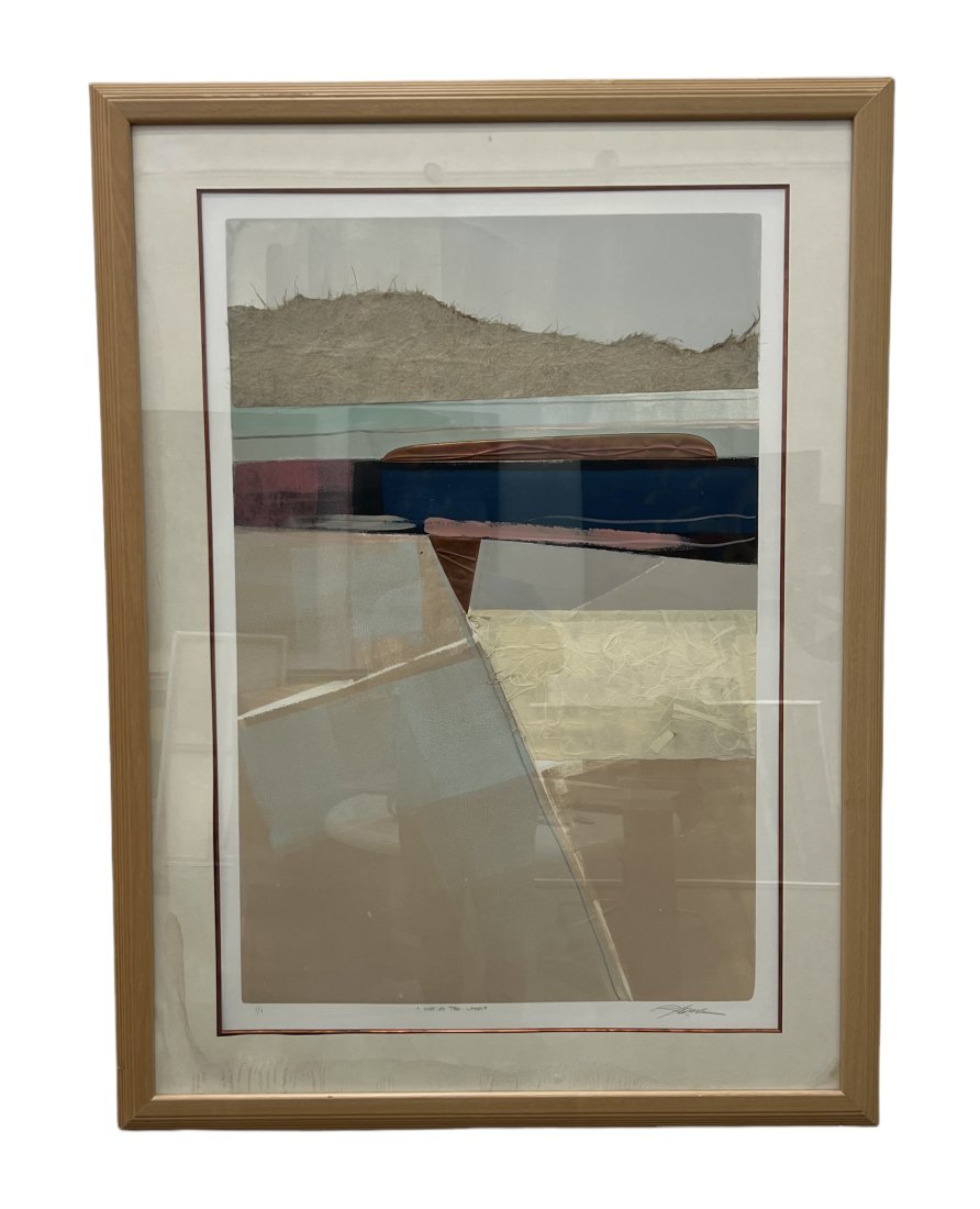 Abstract Collage Titled "Myst On The Lake" Illegible Signature: Monoprint 1/1. 35 1/2 x 23 1/2 in, 48 x 36 in (framed)