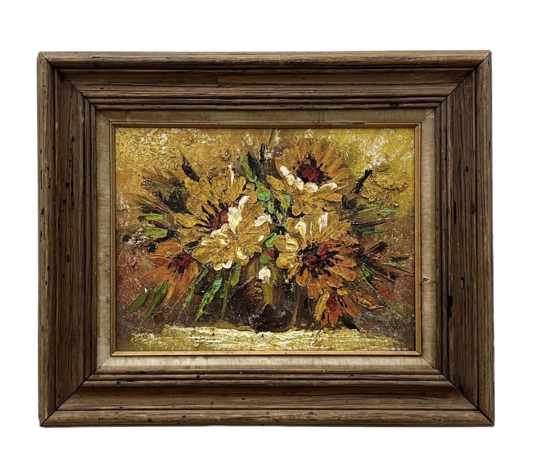 Modernist Floral Heavy Impasto Painting, Illegible Signature: Oil on canvas 16 x 12 in, 23 1/2 x 20 in (framed)