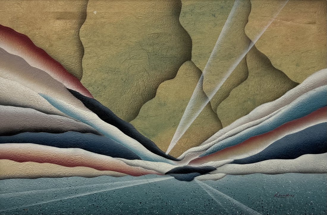 Modernist Landscape Abstract Painting, Mystery Artist: Acrylic on canvas 36 x 24 in