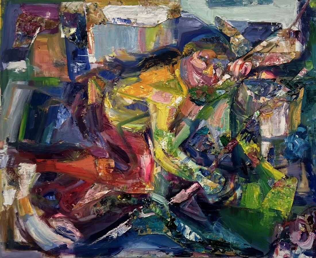 BARBARA YETERIAN (1939-2019, Armenian American) Girl On Horse: Oil and collage on canvas 54 x 44 in. Ms. Yeterian's paintings have been widely exhibited in New York, New Jersey, and California. She has shown at The Selby Gallery at the Ringling College of Art and