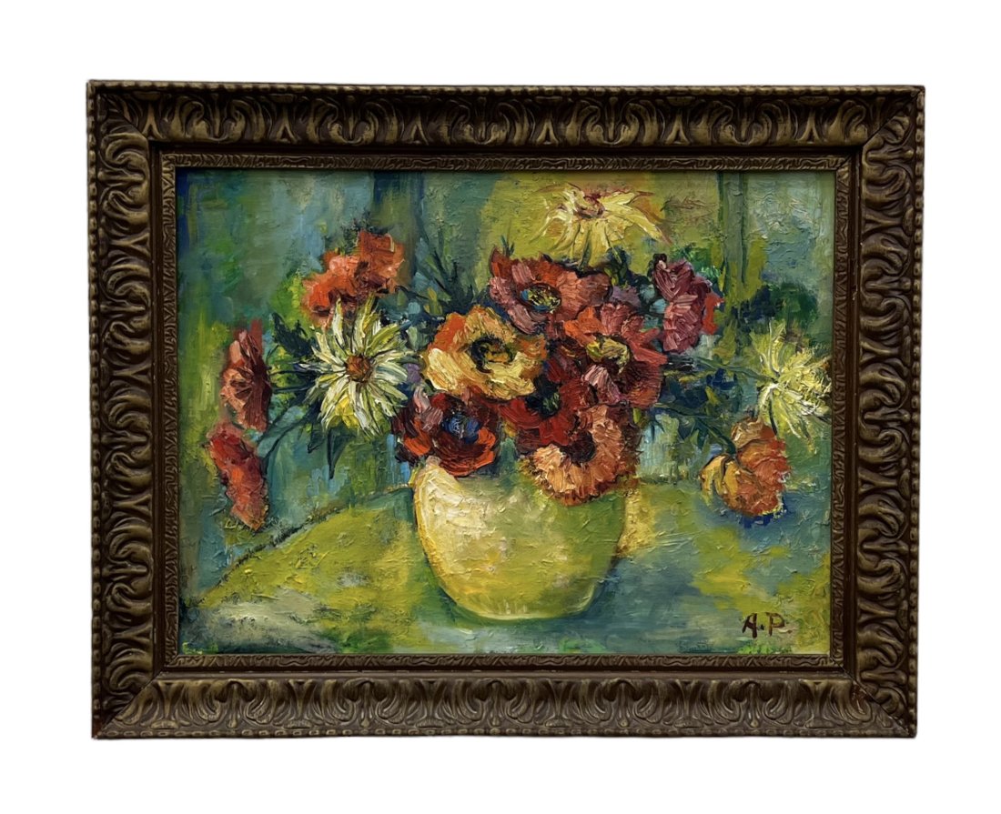 Modernist Still Life Of Flowers, Signed By Mystery Artist: Oil on board 24 x 18 in, 29 x 23 in (framed)
