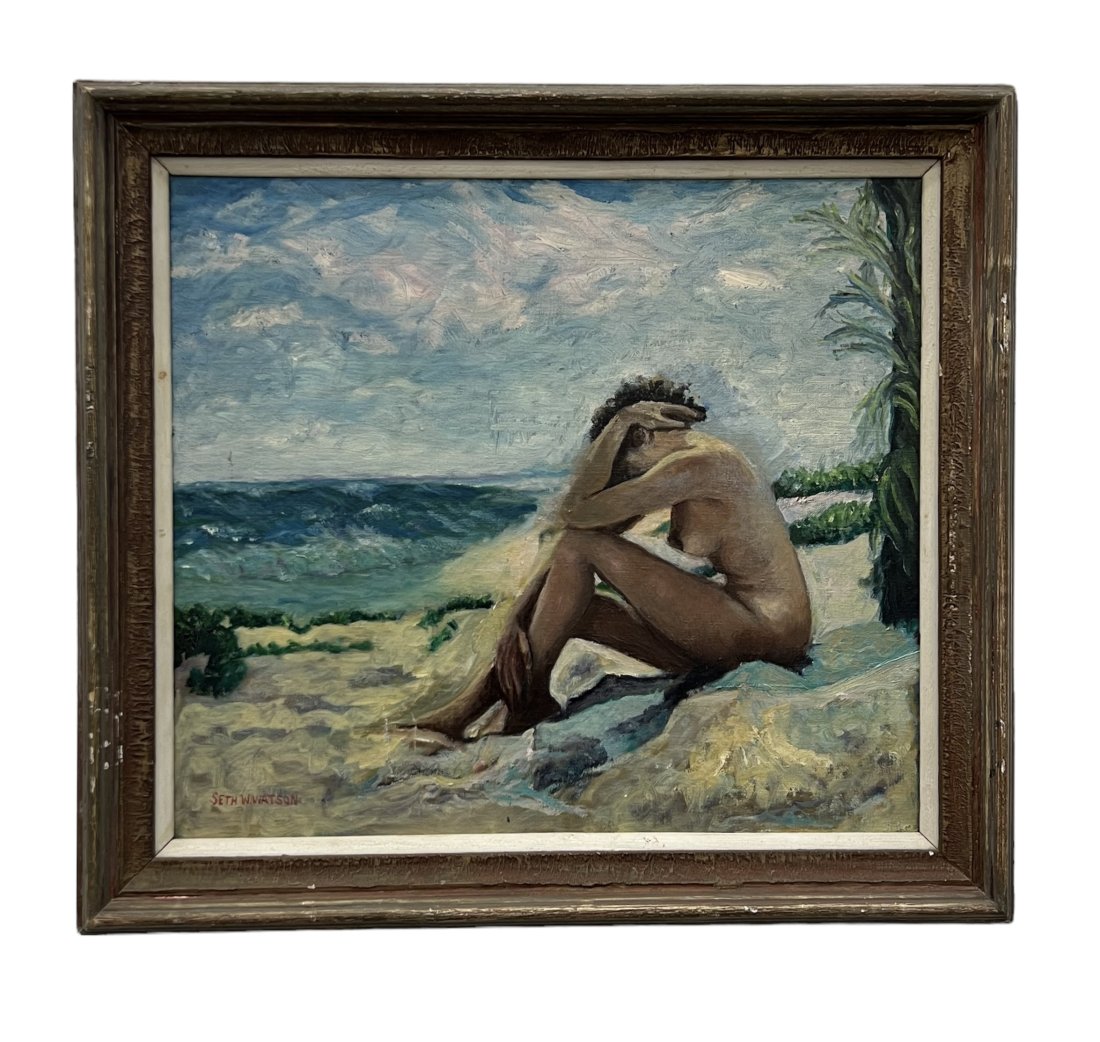 SETH W WATSON (20th c, American) Beach Nude: Oil on canvas 18 x 16 in, 22 x 20 in (framed)
