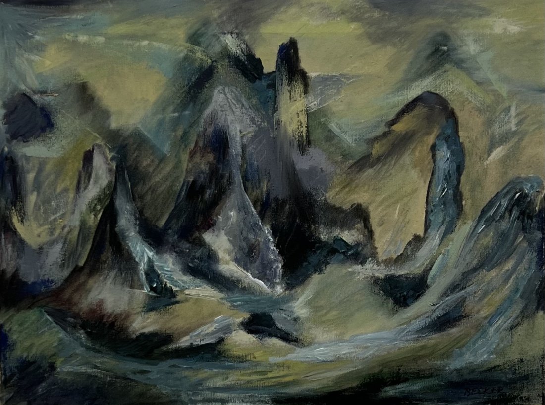 Mid-Century Modernist Mountain Landscape Signed Becker: Oil on canvas 24 x 18 in