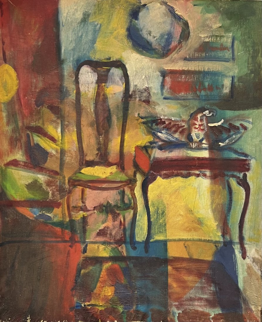1960's Modernist Interior Still Life, Mystery Artist: Oil on board 24 x 20 in