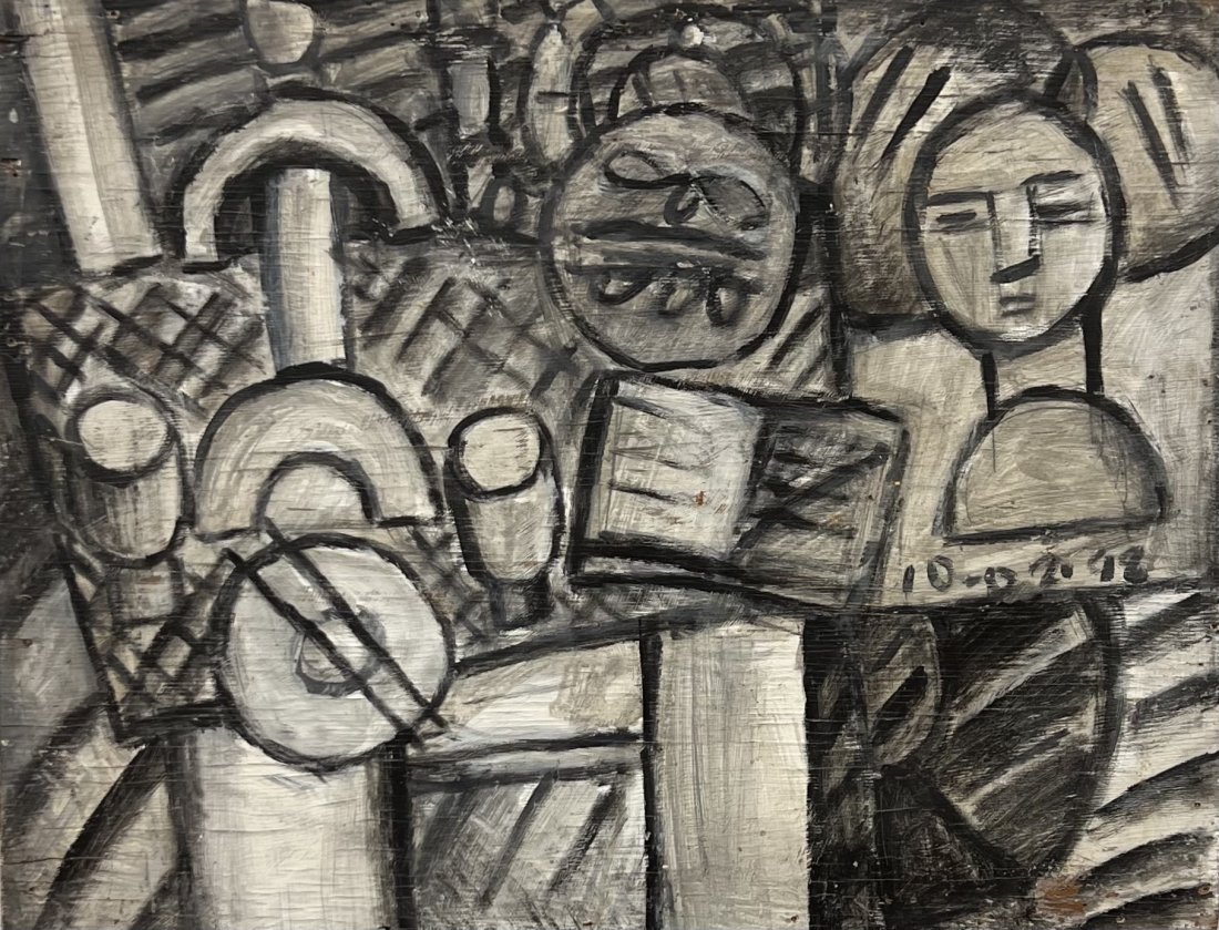 Cubist Black & White Abstract, Mystery Artist: Oil on wood 23 x 18 in
