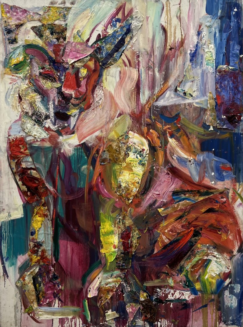 BARBARA YETERIAN (1939-2019, Armenian American) Lion: Oil and collage on canvas 48 x 36 in