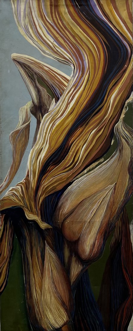 Mid-Century Modern Marbled Abstract Formed Canvas: Oil on canvas 41 x 17 x 2 in