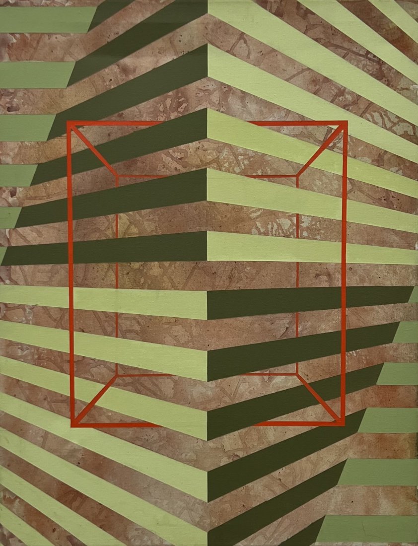 ALONZO W ALLEN (20th c, AMerican) Hard Edge Op Art Abstract: Oil on canvas 36 x 28 in