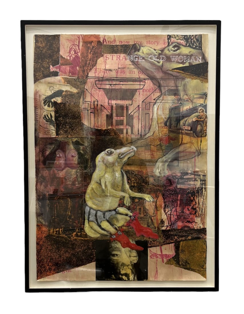 LESLIE KNEISEL (20th c, Georgia) "Strange Old Woman": Mixed media and collage on paper 37 1/2 x 34 1/2 in (framed)