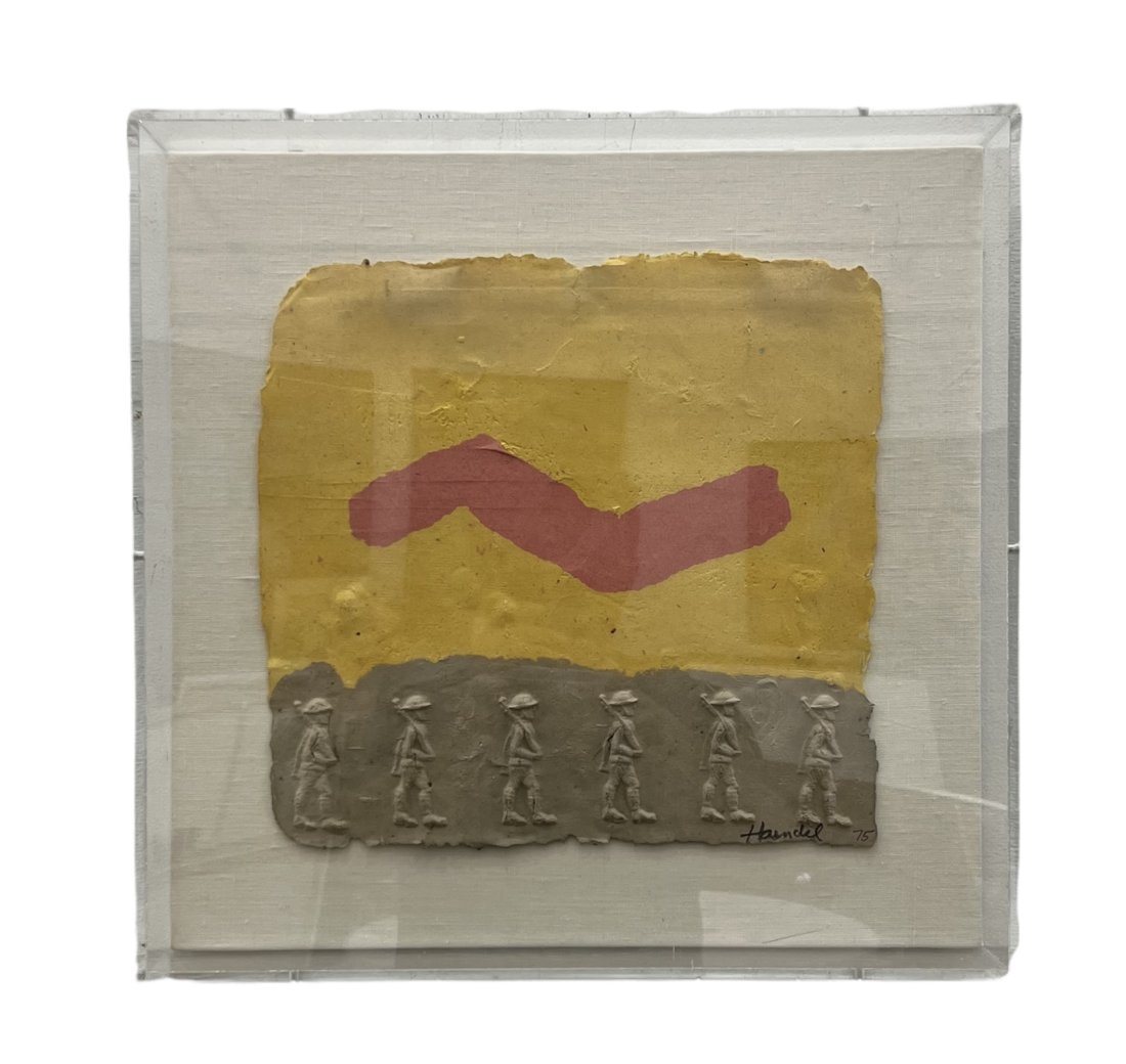 WILLIAM G HAENDEL (1926-2020, Illinois) Marching Soldiers: 17 x 17 x 3 in. Lucite frame. WILLIAM G HAENDEL. Bill Haendel (1926 â€“ 2020)William G. Haendel was originally from Wisconsin, born in West Bend. He has had exhibitions in Canada, Sweden, Italy, 