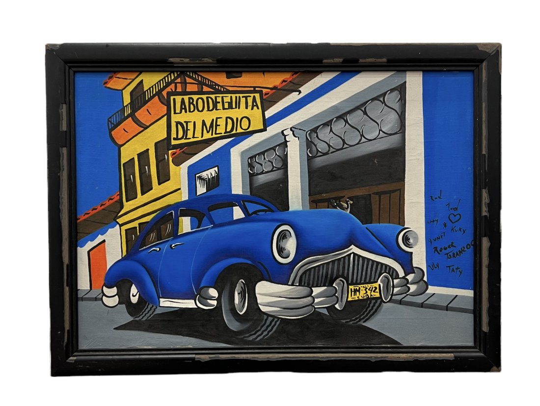 Cuban Classic Car Street Scene Painting, Signed: Oil on canvas 20 x 14 in, 22 1/4 x 16 1/4 in