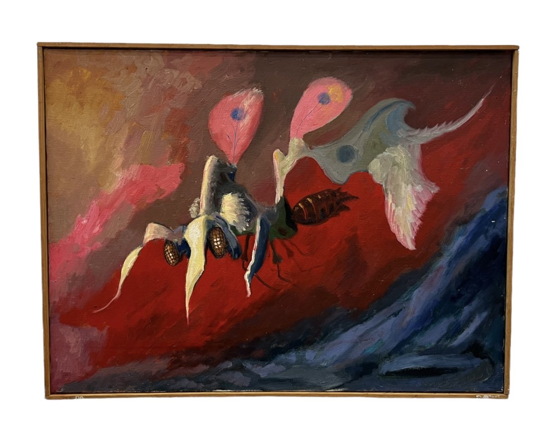 Surrealist Abtract "On Patrol" Signed Herndon: Oil on canvas 24 x 18 in