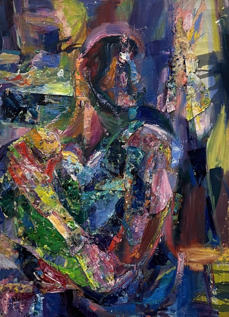 BARBARA YETERIAN (1939-2019, Armenian American) Figure: Oil and collage on canvas 40 x 30 in