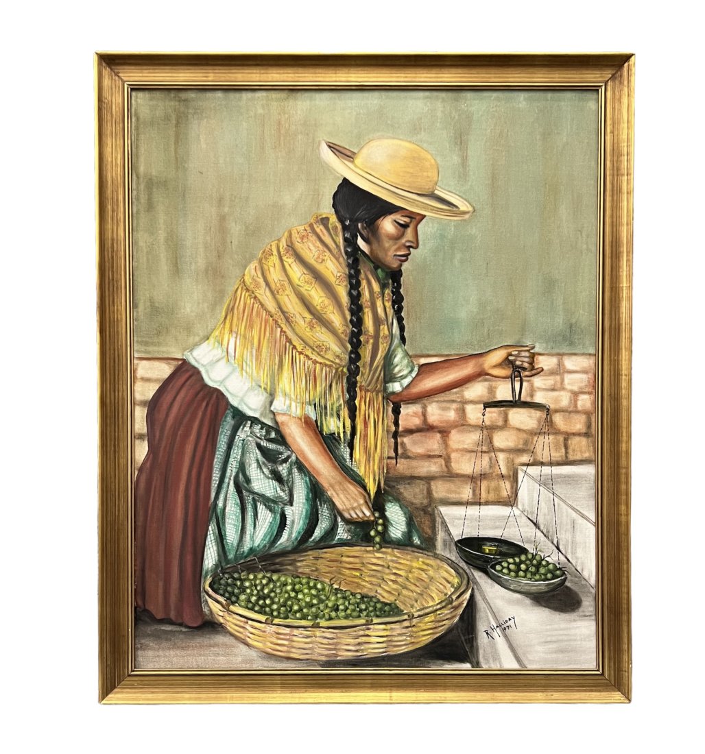 Large Guatamalan Portrait Of A Woman Working, Signed: 43 x 36 in (framed)