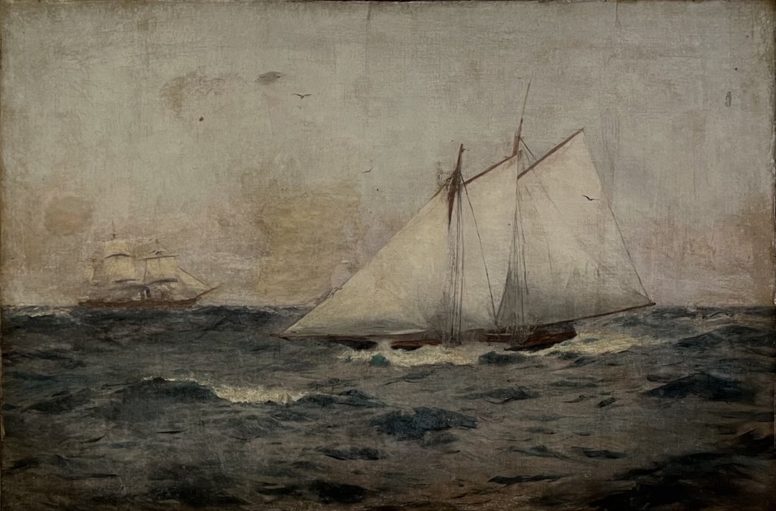 Antique Original America's Cup Impressionist Marine Ship Painting: Oil on canvas 36 x 24 in