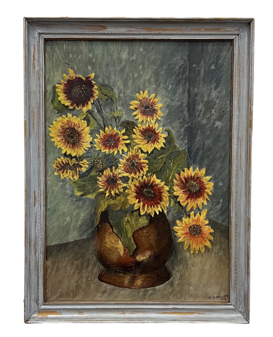 1940's American Modernist Still Life Of Flowers, Signed: Oil on canvas 28 x 20 in, 32 x 24 in (framed)