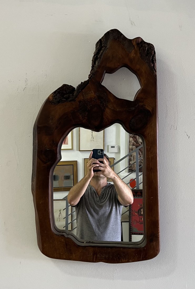 Mid-Century Nakashima Style Wood Mirror: 32 x 17 x 2 in