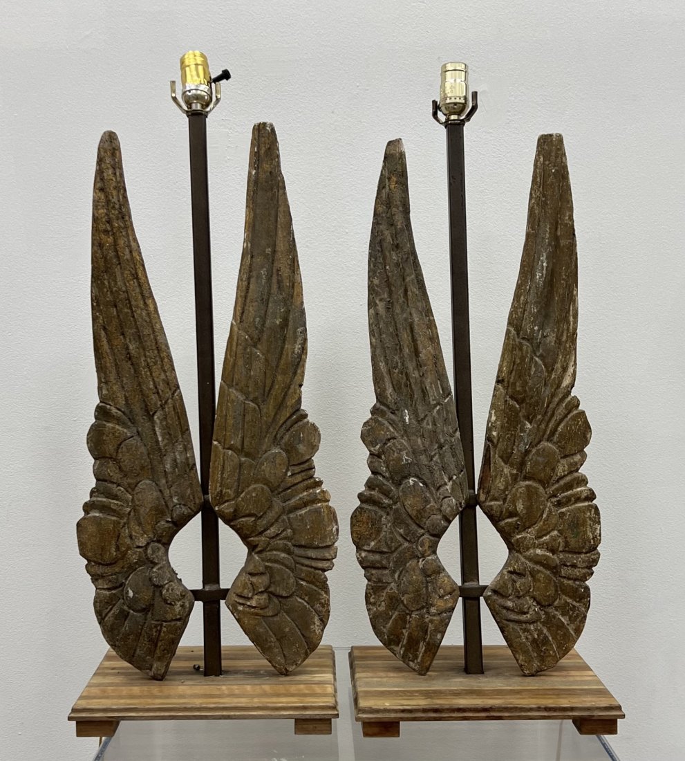 Pair Of Italian Style Wood Giltwood Angel Wings Mounted As Lamps: 29 x 8 1/2 x 11 in