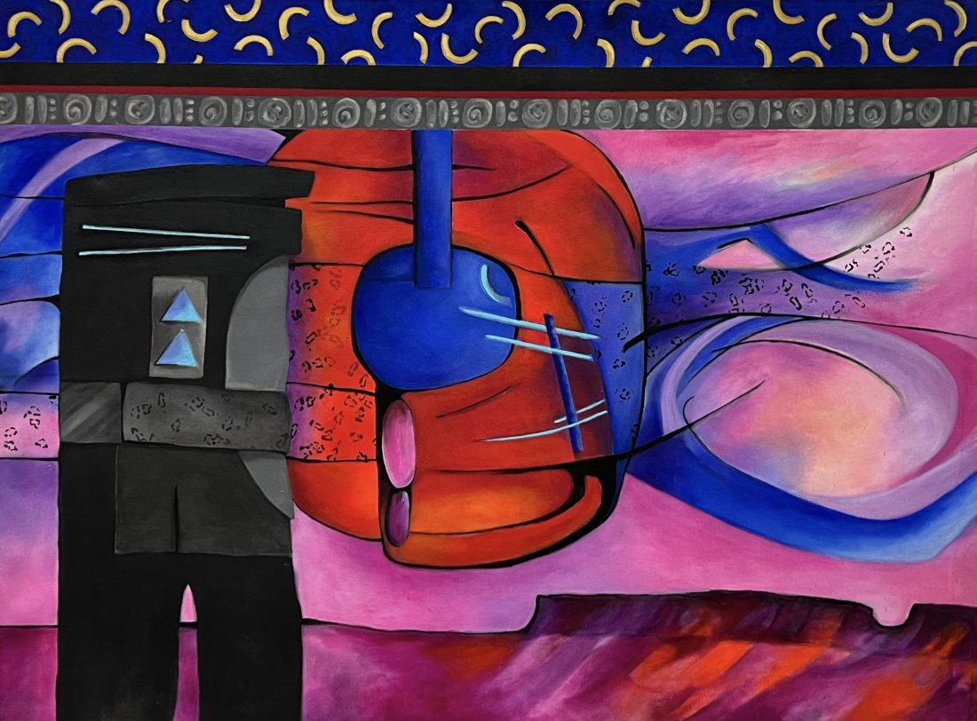 Colorful 1970's Futurist Abstract Painting, Mystery Artist: Oil on canvas 48 x 36 in