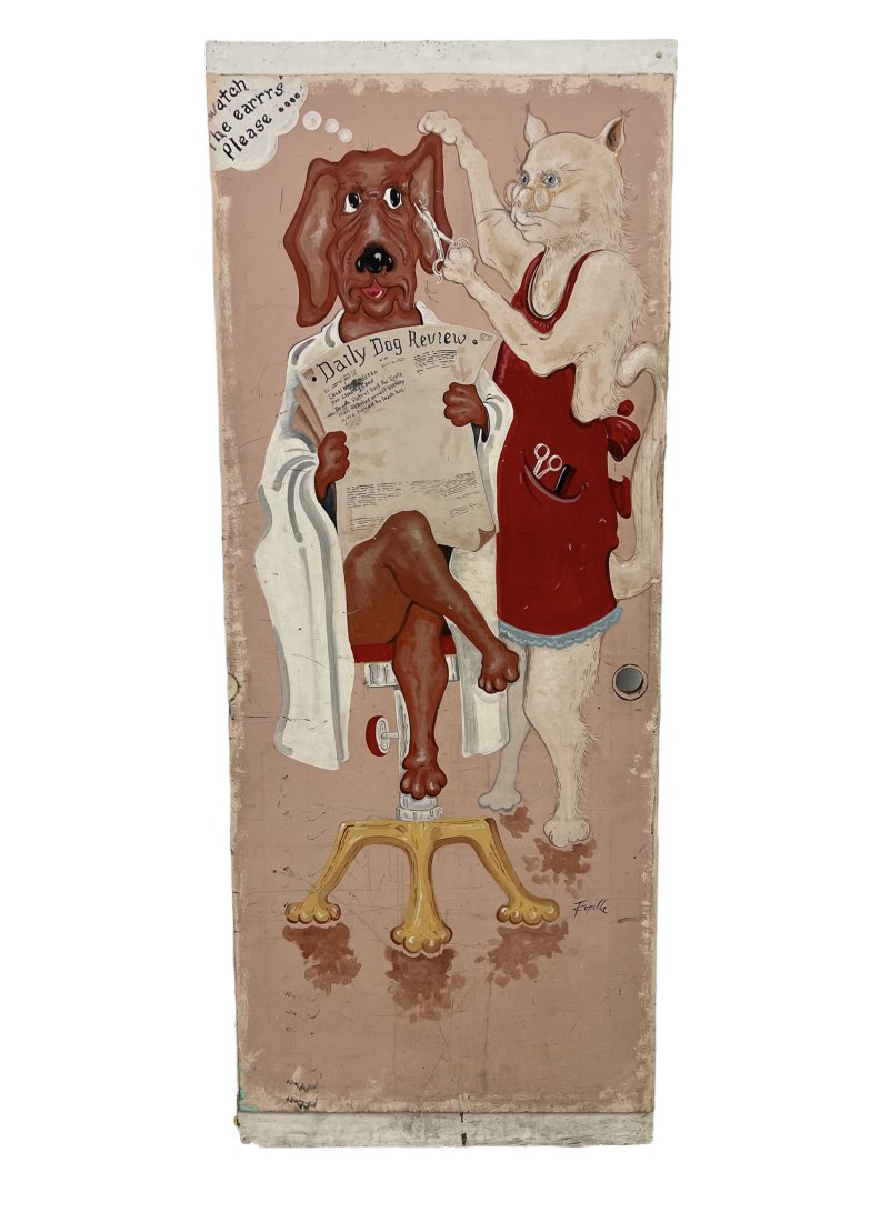 Anthromorophic Animal Art Cat & Dog Painted Door, Signed: Size 80 x 32 x 1 1/2 in